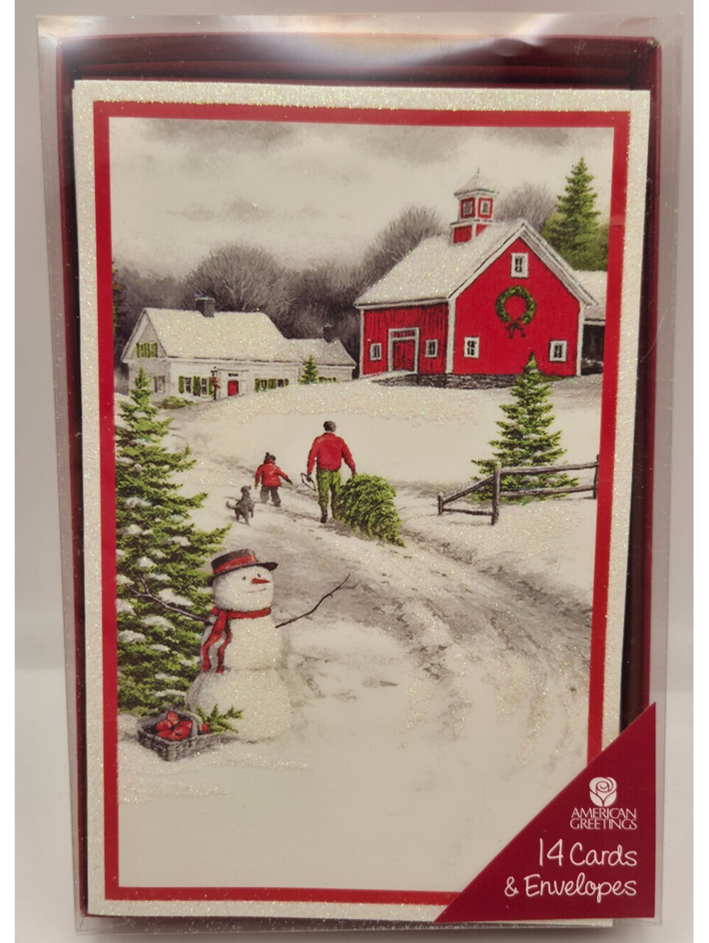 American Greetings Christmas Cards Red Barn Snowman Glitter 12 Cards Envelopes